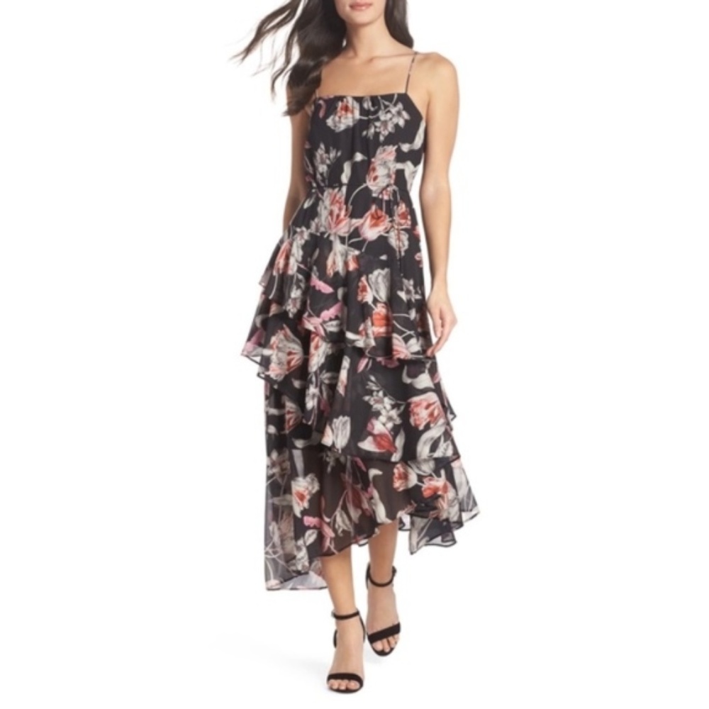 Cooper St SZ 6 Harlow Floral Black Midi Dress Tiered Ruffle Women's NWT